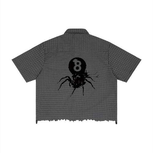 distressed spider boxy plaid shirt