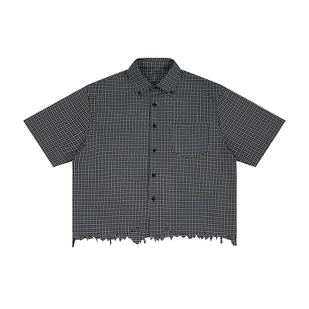 distressed spider boxy plaid shirt