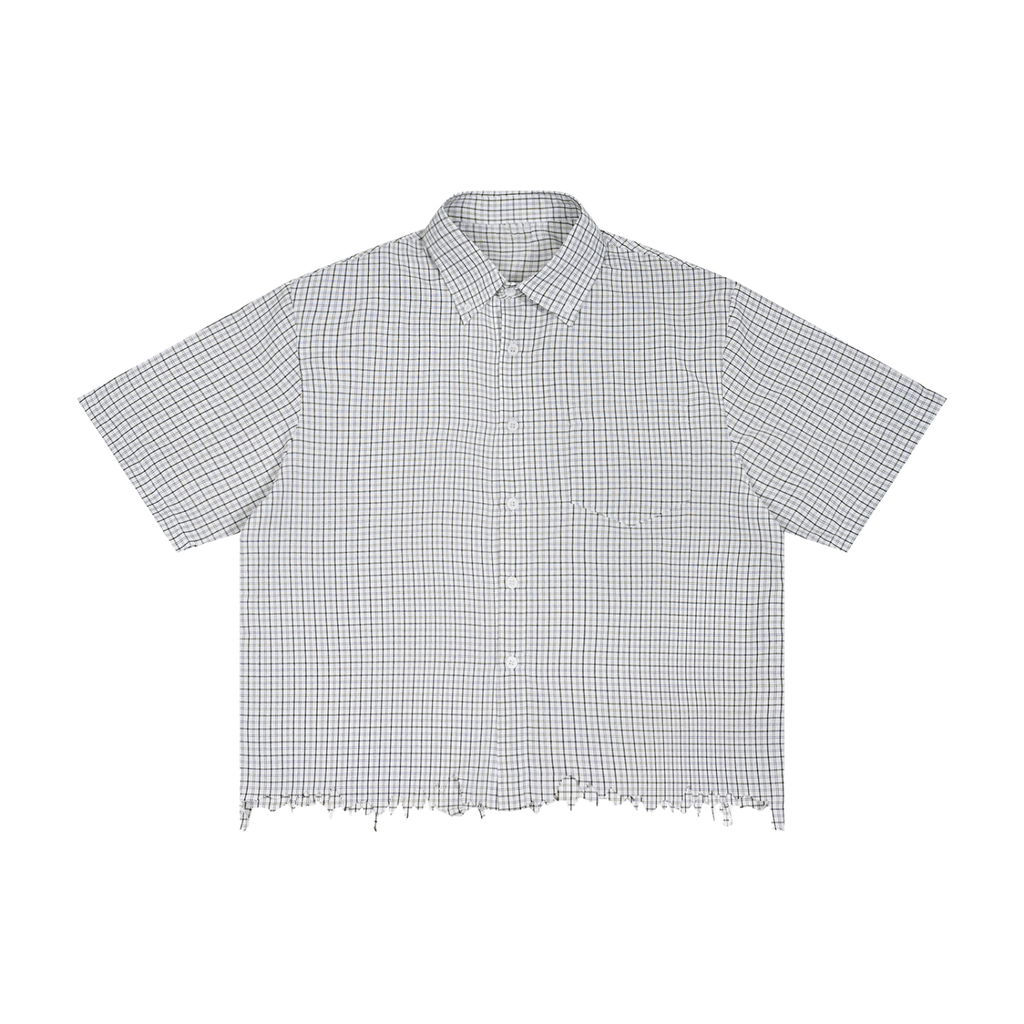 distressed spider boxy plaid shirt