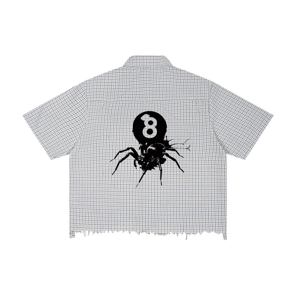 distressed spider boxy plaid shirt